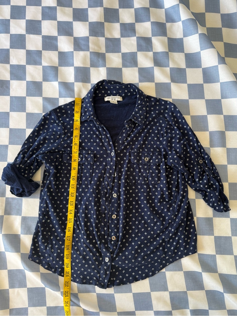 Liz Claiborne Navy Blue Button-Down Shirt with Tiny White Diamond Print